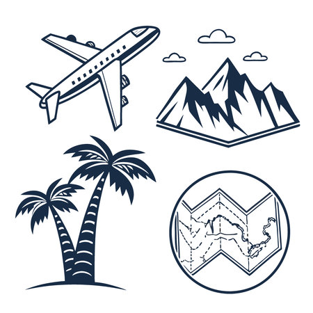 Set of travel-themed web icons. airplane. mountains. palm tree map. isolated on a white background. AI generated. Vector iconのイラスト素材