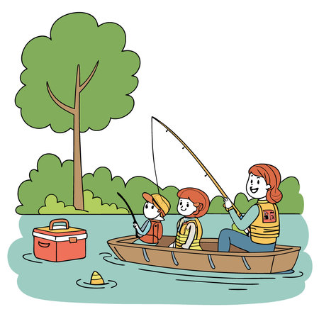 Family Fishing Adventure on a Calm Lake. Weekend Getaway with Kids. Creating Memories on the Water. AI generated. Vector iconのイラスト素材