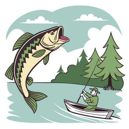 Largemouth bass caught from a fishing boat on a serene lake surrounded by lush green trees. AI generated. Vector iconのイラスト素材