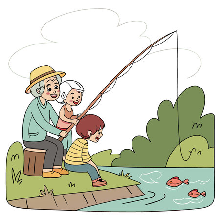 A family fishing trip with grandparents imparting their angling wisdom to the kids. love and creation. AI generated. Vector iconのイラスト素材