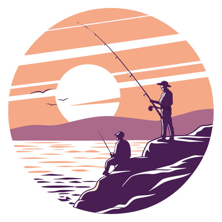 A serene sunset over the ocean with fishing rods silhouetted. capturing the essence of peaceful fishing adventures.. AI generated. Vector iconのイラスト素材