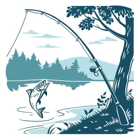 Captivating Long Exposure Shot of a Fishing Pole with a Catch. The Essence of Tranquil Angling Moments in Nature's Embrace. AI generated. Vector iconのイラスト素材