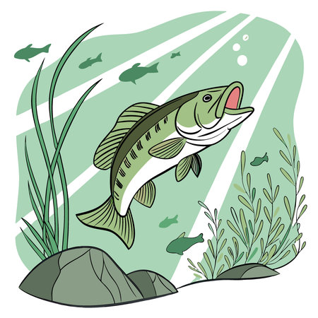 Candid Largemouth Bass Photography. Underwater Action Shots. Fishing Lake. Nature Wildlife. Green Water. Summer Fishing. AI generated. Vector iconのイラスト素材