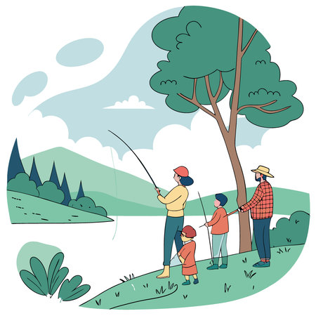 Family Fishing Adventure in Scenic National Park Weekend Getaway in Wild Nature. Create Lasting Memories with Your Loved Ones. AI generated. Vector iconのイラスト素材