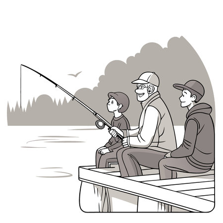 Three generations of men grandfather. father and grandson fishing together early in the morning. Concept of Father's day. AI generated. Vector iconのイラスト素材