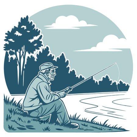 An elderly man fishing at a calm lake early in the morning. his peaceful hobby set against a serene natural backdrop.. AI generated. Vector iconのイラスト素材