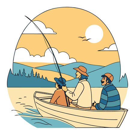 Three friends enjoy a sunny fishing trip together on a boat during golden hour. surrounded by calm waters and scenic views. AI generated. Vector iconのイラスト素材