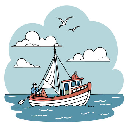 A vibrant fishing boat floats calmly on a tranquil sea under a blue sky with fluffy clouds. perfect for coastal themes.. AI generated. Vector iconのイラスト素材