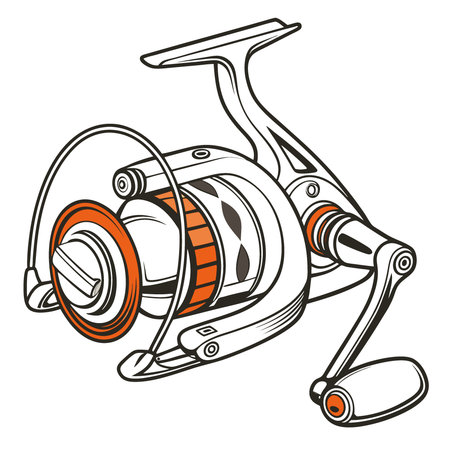 A close-up view of a fishing reel with a sleek design and orange accents. perfect for anglers and fishing enthusiasts.. AI generated. Vector iconのイラスト素材