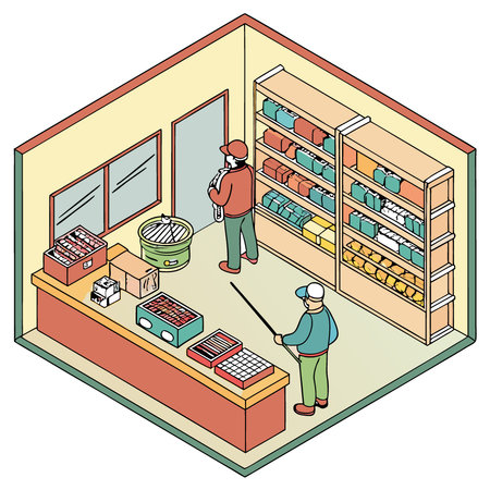 A bustling fishing supply store filled with various equipment and accessories along narrow aisles in a vibrant fishing community. AI generated. Vector iconのイラスト素材