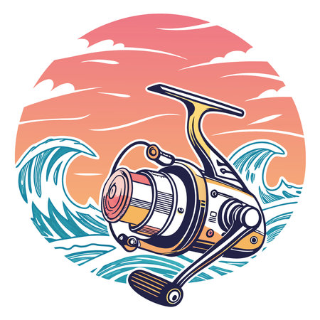 Close-up of a fishing reel in motion over dynamic ocean waves during sunset. capturing the thrill of angling adventures.. AI generated. Vector iconのイラスト素材