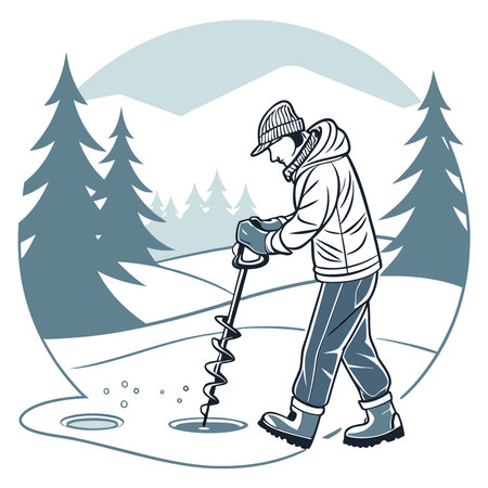 Angler Using Ice Auger to Drill a Hole in Frozen Lake. Concept of Winter Ice Fishing. Outdoor Adventure. Arctic Survival. AI generated. Vector iconのイラスト素材