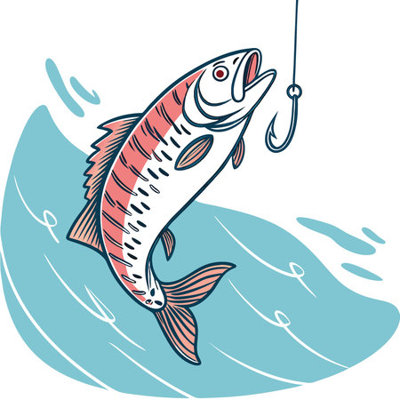 A close-up of a fish caught on a hook. suspended above clear blue water. showcasing its vibrant scales and natural beauty.. AI generated. Vector iconのイラスト素材