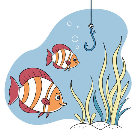 Colorful tropical fish hanging from a hook in an underwater setting. showcasing vibrant colors against a blue background. AI generated. Vector iconのイラスト素材