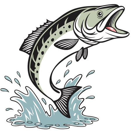 A large mouth bass jumps gracefully out of the water. its scales glinting in the sunlight as it defies gravity with a splash. AI generated. Vector iconのイラスト素材