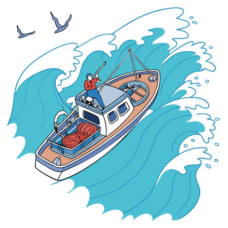 A fishing boat cuts through azure waters. waves splashing against the sides. It showcases fishing gear and nets lying on the deck. . AI generated. Vector iconのイラスト素材