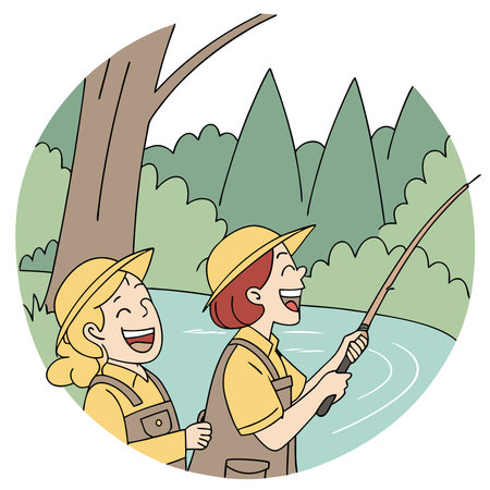 Two Sisters Laugh as They Cast Their Lines on a Fun-Filled Fishing Adventure in a River. Creating Memories that Will Last a Lifetime. AI generated. Vector iconのイラスト素材