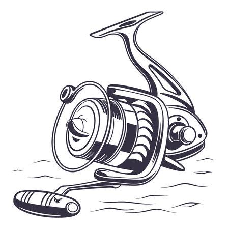 An exploration of a fishing reel against the backdrop of shimmering water highlighting its intricate design and functionality. AI generated. Vector iconのイラスト素材