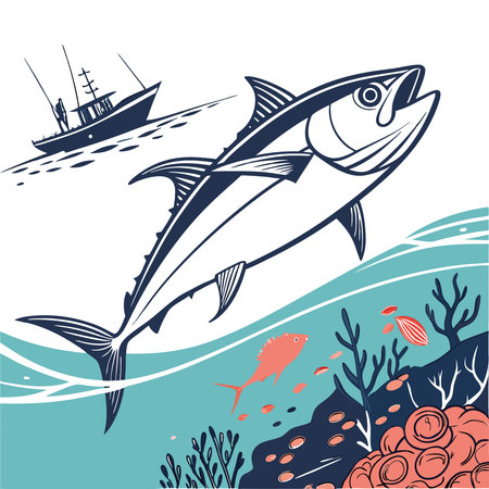 Dramatic underwater perspective of a large tuna with a fishing boat in the background. highlighting the excitement of sport fishing.. AI generated. Vector iconのイラスト素材