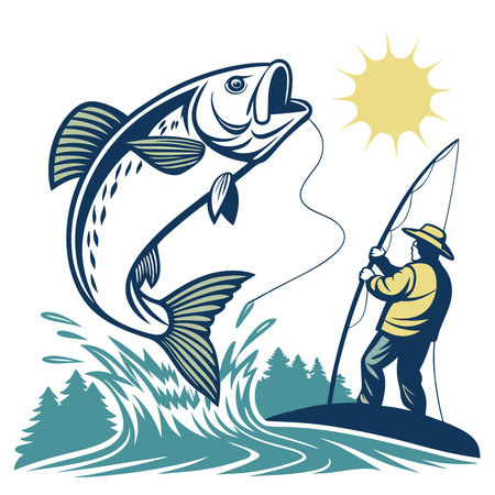 Action shot of a bass fish dramatically jumping out of the water during a fishing trip. with an angler in the background on a sunny day.. AI generated. Vector iconのイラスト素材