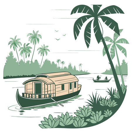Houseboat anchored on Kerala Backwaters a serene fishing lake in India. Concept Fishing. Houseboat. Backwaters. Kerala. India. AI generated. Vector iconのイラスト素材