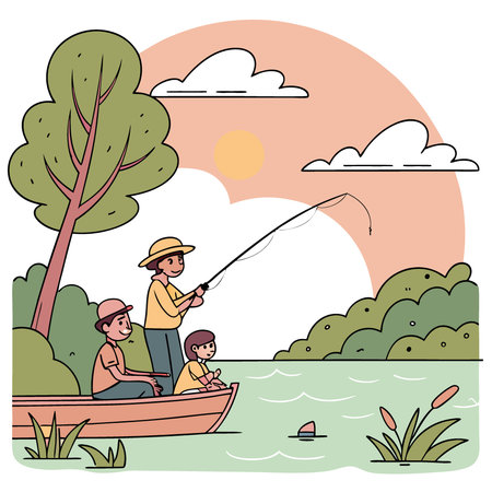 Peaceful Sunset Fishing Trip with Family on a Serene Lake. Enjoying a Relaxing Weekend Outdoors. Creating Lasting Memories Through Bonding Experiences. AI generated. Vector iconのイラスト素材