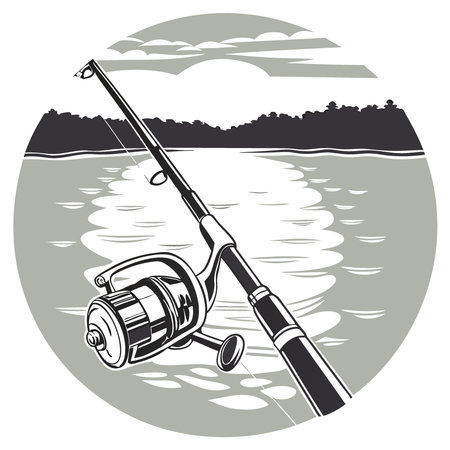 Casting for the Catch. First Person Perspective. Close-Up of a Fishing Rod and Reel. Sunlight on the Water. Calm and Serene Mood. Fishing. Lake. AI generated. Vector iconのイラスト素材