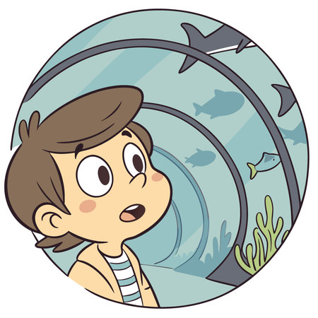 Close-up of a surprised cute boy watching the fish in the water tunnel in the aquarium. Sightseeing. Travel. Entertainment and fun weekend concepts.. AI generated. Vector iconのイラスト素材