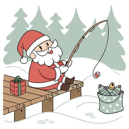 Santa Claus sitting on the edge of a wooden pier. holding a fishing rod. with a bucket of fish-shaped presents beside him and snowy pine trees in the background. AI generated. Vector iconのイラスト素材