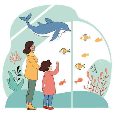 A mother and child enjoy a visit to an aquarium where they are fascinated by the wonders of the underwater world. including colorful fish and sea life.. AI generated. Vector iconのイラスト素材