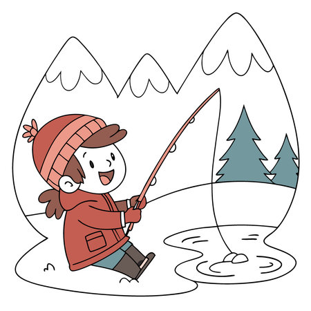 A happy child enjoys ice fishing on a frozen lake surrounded by snow-covered mountains and trees. Customizable cartoon illustration for ice fishing.. AI generated. Vector iconのイラスト素材