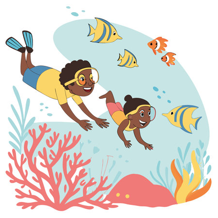 A joyful Black family enjoys snorkeling in crystal-clear tropical waters. surrounded by an array of colorful fish and vibrant coral. creating cherished memories. AI generated. Vector iconのイラスト素材