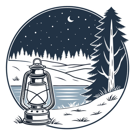 A serene winter night scene featuring a glowing lantern by a calm lake. perfect for showcasing fishing trips or outdoor adventures in a tranquil setting.. AI generated. Vector iconのイラスト素材