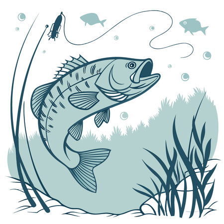 Bass Fish Swimming in Clear Water with Bokeh Effect. Perfect for Fishing Enthusiasts. Nature Lovers. and Outdoor Adventure Banners Featuring Perch and Aquatic Beauty. AI generated. Vector iconのイラスト素材