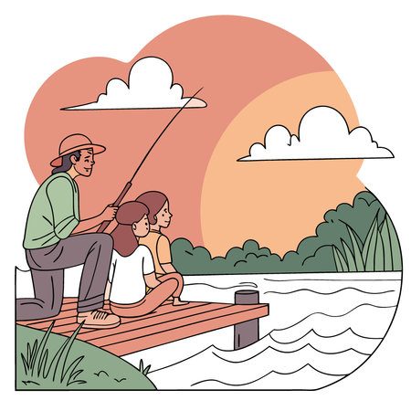 Two sisters sit with their father on a dock. sharing a sunset fishing trip that emphasizes the bonds of family and the serene beauty of a peaceful evening on the water.. AI generated. Vector iconのイラスト素材