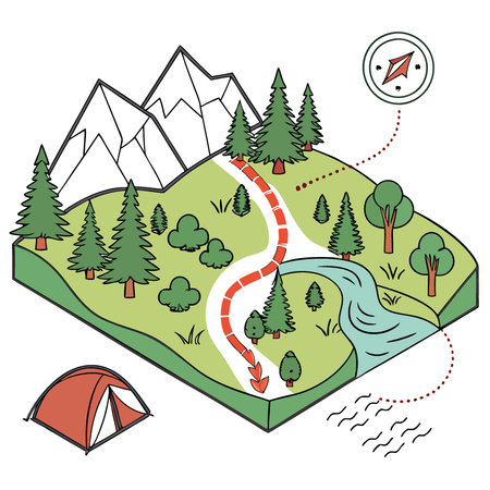 Set Camping map. Summer camp background. Vector nature clip art or infographic elements with mountains. trees. forest.river. Hiking. trekking or campfire plan.AI.. AI generated. Vector iconのイラスト素材