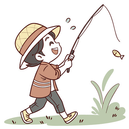 Joyful Asian child boy with fishing rod and straw hat in watercolor art. Concept of young fisher. childhood joy. outdoor activity. summer fun. playful innocence. AI generated. Vector iconのイラスト素材