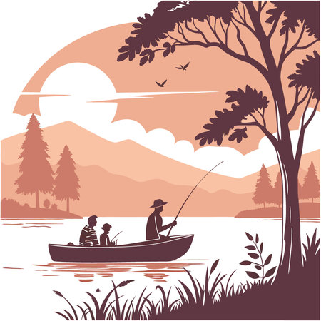 Peaceful Sunset Fishing. Family enjoying a tranquil evening fishing trip on a calm lake as the sun sets. creating a picturesque scene of serenity and togetherness. . AI generated. Vector iconのイラスト素材