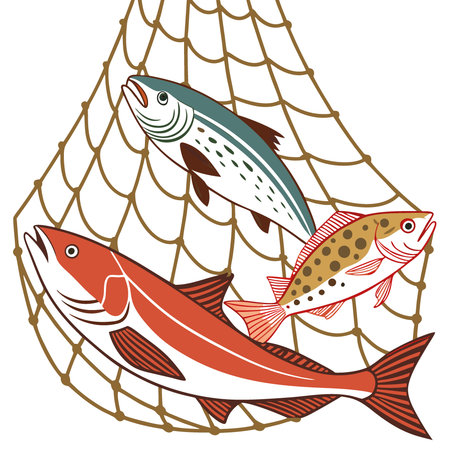 Closeup of a fishing trawlers net filled with diverse fish species. vibrant colors. and detailed textures Fishing trawler. commercial fishery AI generated. Vector iconのイラスト素材