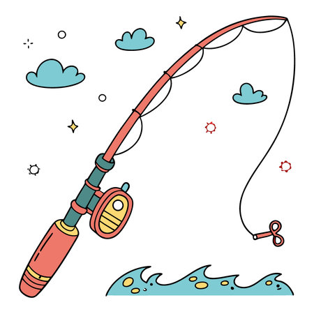 A vibrant and playful fishing rod illustration featuring a unique design and bright colors. Customizable cartoon illustration of a fishing rod.. AI generated. Vector iconのイラスト素材