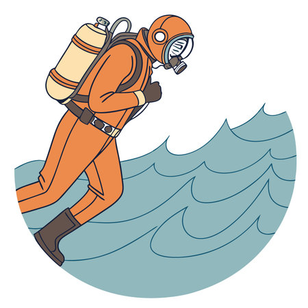 A diver in an orange wetsuit and mask. highlighting the importance of marine exploration and underwater safety. with ocean waves in the background.. AI generated. Vector iconのイラスト素材