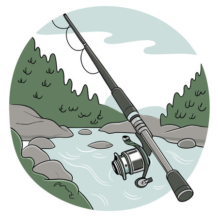 Modern sleek fishing reel on a fishing rod by a rocky stream in nature. concept of outdoor adventure. freshwater fishing. sporting equipment. AI generated. Vector iconのイラスト素材