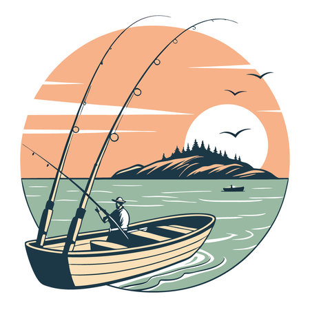 Serene sunrise fishing scene featuring multiple rods in a wooden boat. calm ocean island in the distance. Perfect for travel. adventure. and leisure themes.. AI generated. Vector iconのイラスト素材