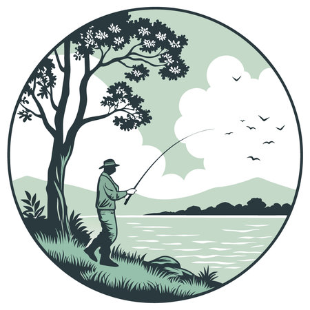 Panoramic View of a Serene Fishing Scene with a Fish Pole by the Water's Edge. Capturing the Tranquility of Nature and the Art of Fishing in a Beautiful Landscape. AI generated. Vector iconのイラスト素材