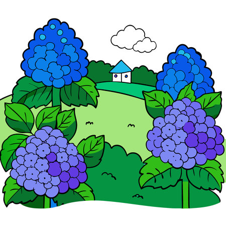 A vibrant scene of a garden clusters of blue and purple hydrangea flowers. AI generated. Vector iconのイラスト素材