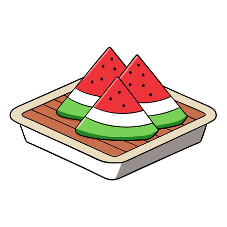 Sliced watermelon with salt. mint in a square bowl with USA flag on a wooden surface. AI generated. Vector iconのイラスト素材