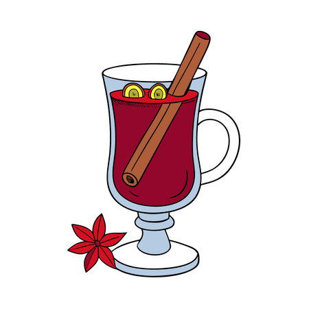 Glass of Mulled Wine with Cinnamon and Cloves on a Rustic Table with June Decoration. AI generated. Vector iconのイラスト素材