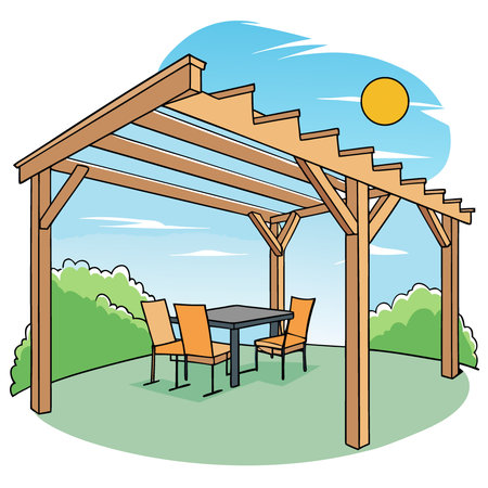 Suburban home's wooden pergola patio. outdoor dining. sunny day. backyard relaxation. AI generated. Vector iconのイラスト素材