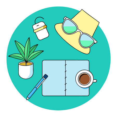 Flatlay of summer essentials hat. sunglasses notebook. coffee. plants on teal background.. AI generated. Vector iconのイラスト素材