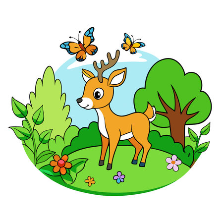 June. Lush Greenery. Playful Deer. and Vibrant Butterflies in a Whimsical Wildlife Scene. AI generated. Vector iconのイラスト素材
